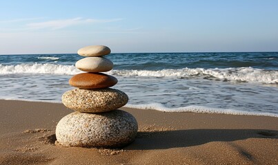 Stacked beach stones on sand, ocean waves in background, serene coastal scene, ideal for relaxation themes.