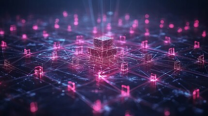 Obraz premium Abstract Digital Network: Pink and Blue Cubes data stream cyber space 