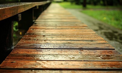 Fototapeta premium Wet wooden walkway in a lush green park after rain.