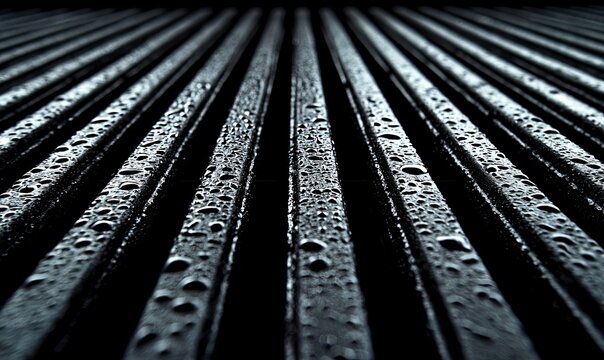 Wet black metallic parallel lines with water drops, converging perspective, background blur, abstract design.