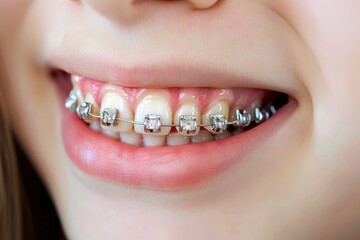 Obraz premium Smiling teenager with braces showcasing orthodontic fixtures and clear aligners under bright lighting in a friendly atmosphere