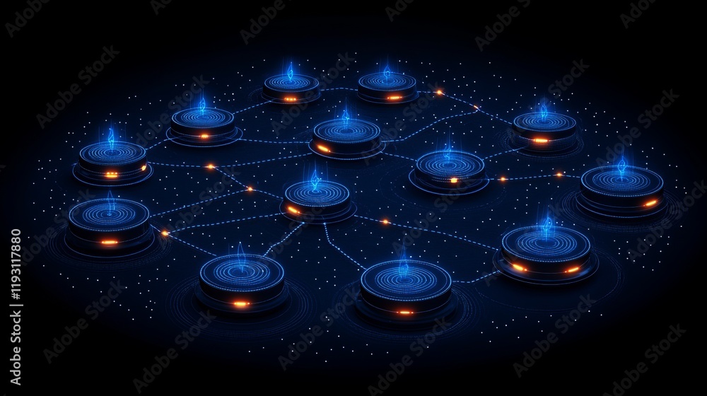 Poster abstract network connection: futuristic nodes 3d data blue dark dots