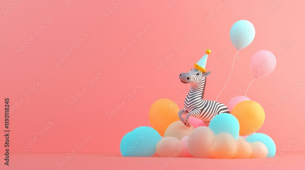 Poster playful zebra in a tiny party hat surrounded by colorful balloons and soft clouds on a pink backgrou