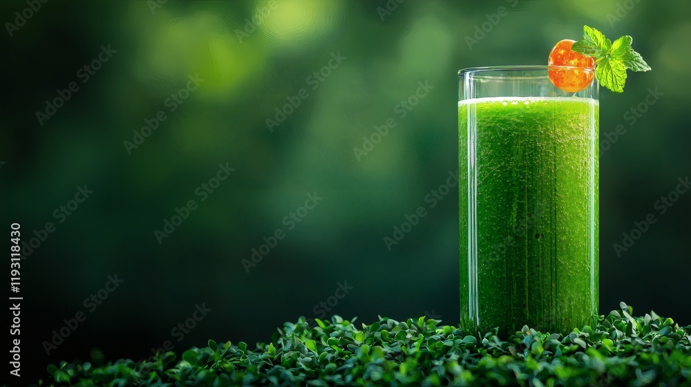 Poster Holistic health approaches captured with a smiling person enjoying a green smoothie Stock Photo with side copy space