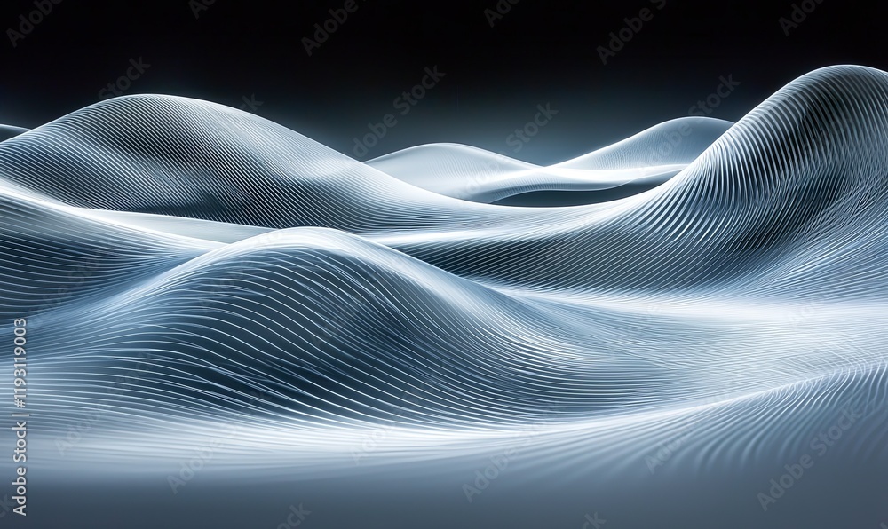 Poster abstract glowing white lines form 3d wave pattern on dark background, ideal for technology or design