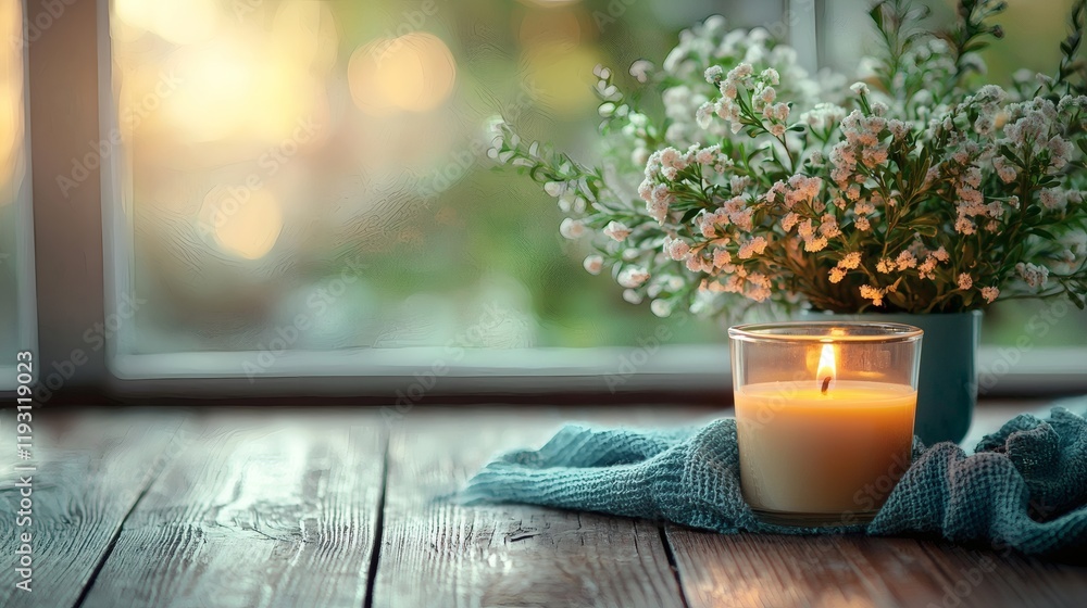 Poster mindfulness and stress management tools such as journals and calming candles stock photo with side c