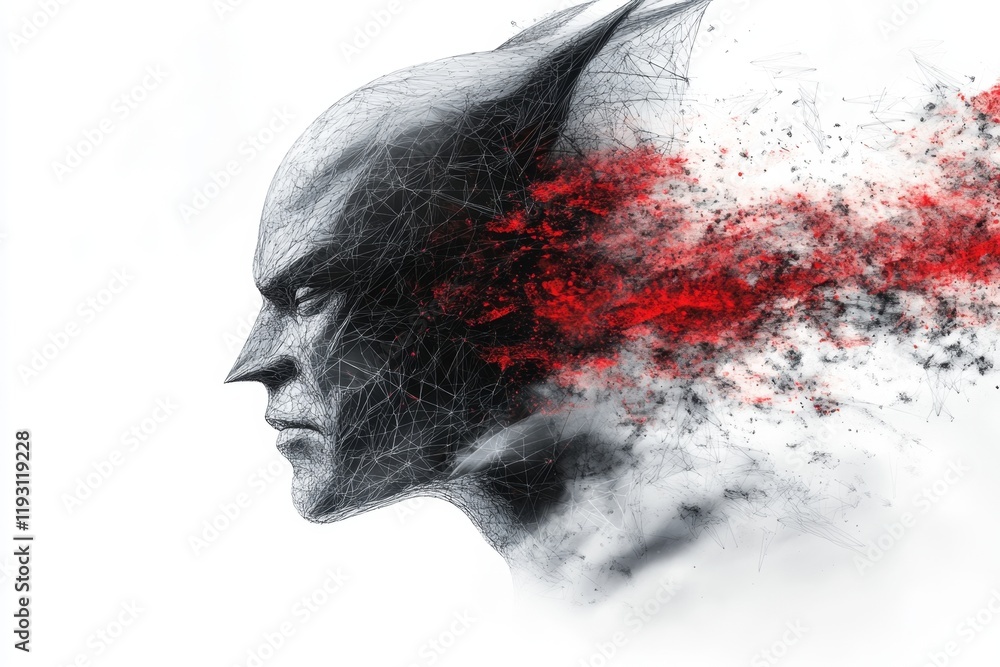 Poster A clean graphic of a bat transforming into a human figure, represented with continuous flowing lines and soft red accents