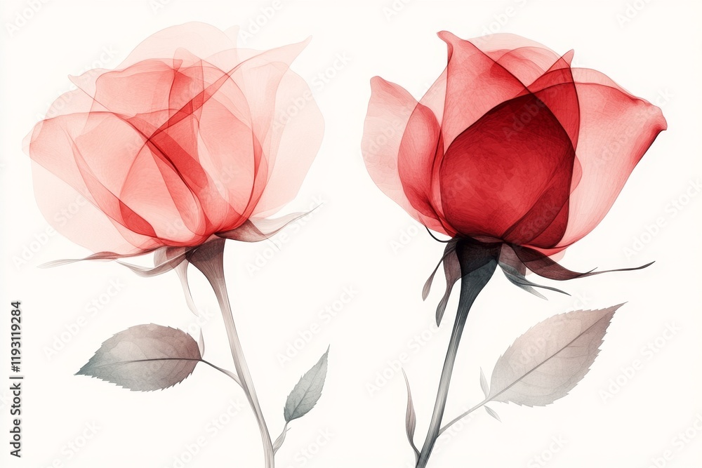 Poster a clean line art depiction of two intertwined roses, drawn with soft gradients in pink and red tones
