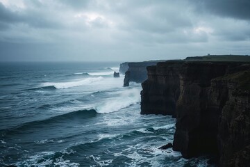 Dramatic coastal cliffs with ocean waves under a cloudy sky  