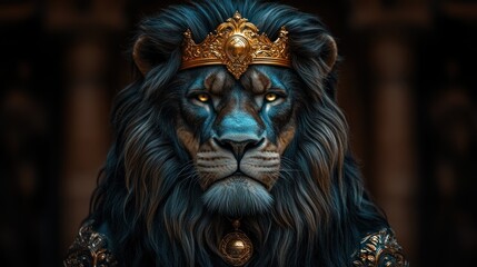 Fototapeta premium Majestic blue lion wearing a golden crown.