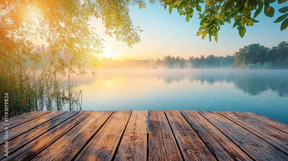 Poster a serene lakeside view to emphasize mindfulness and stress management stock photo with side copy spa