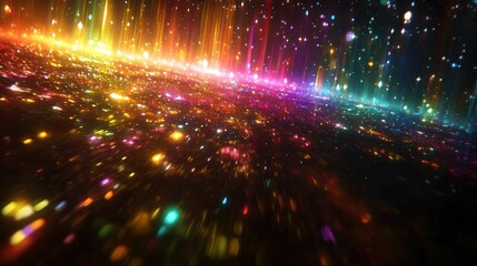 A colorful abstract background featuring a shimmering effect with vibrant hues and bright lights, capturing a festive celebratory feel.