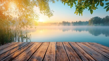 A serene lakeside view to emphasize mindfulness and stress management Stock Photo with side copy space
