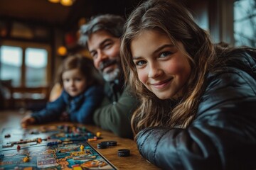 Fototapeta premium A complete family engaged in a strategic board game on a wooden table in a cozy, dim-lit room as a toddler watches from behind, capturing joy and connection.