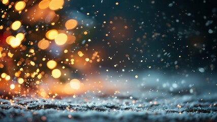 Festive winter background with snow and bokeh lights creating a magical holiday atmosphere