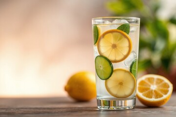Fototapeta premium Glass of lemon and cucumber-infused water with fresh ingredients