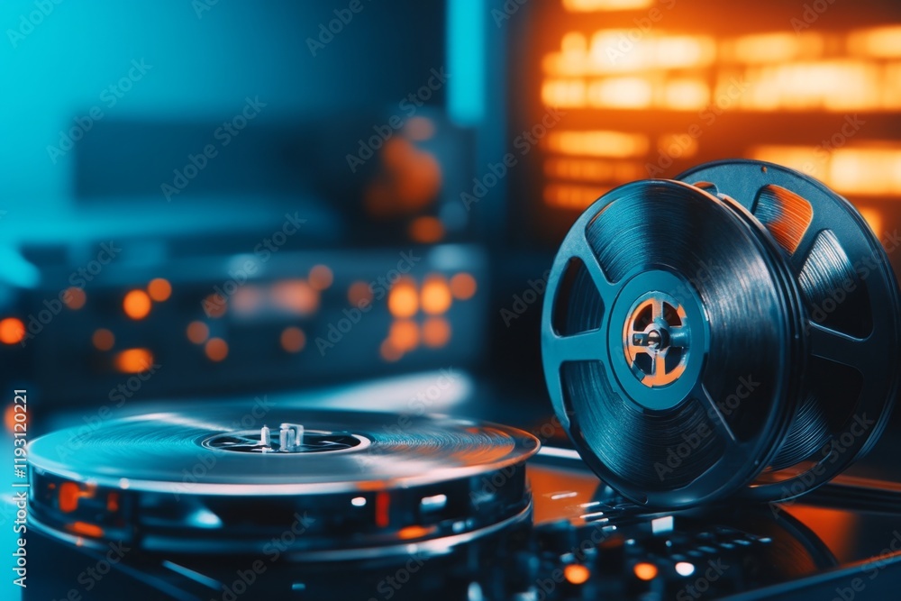 Poster a close-up of a vhs tape's reels spinning inside the player, with the retro tv screen glowing faintl