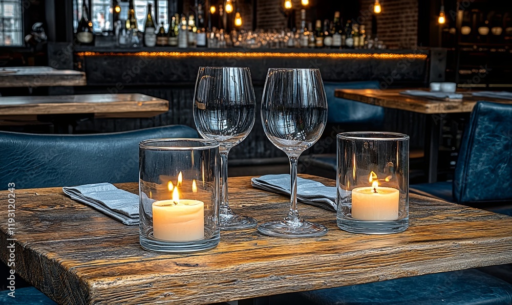 Poster Candlelit dinner table setting in a rustic restaurant with bar in background