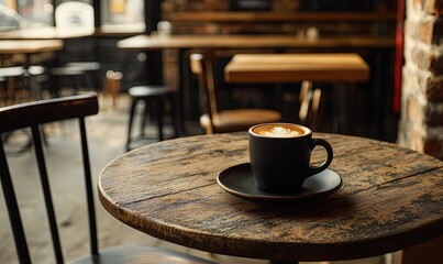 Cappuccino on rustic cafe table, cozy interior, blurred background