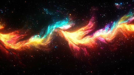 A vibrant and colorful abstract representation of space with swirling hues of orange, pink, turquoise, and yellow against a dark background. It's a celebration of light.