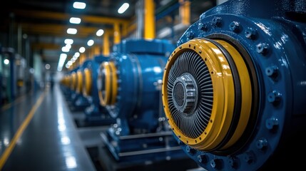 Industrial Machinery in a Modern Factory Featuring Blue Motors with Yellow Accents, Highlighting Engineering Precision and Advanced Technology Integration for Manufacturing Operations
