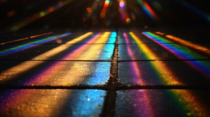 A vibrant display of rainbow hues crosses a surface, showcasing a beautiful interaction of light and color. The lights shimmer in a festive atmosphere.