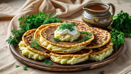 A Vibrant Still Life of Qistibi A Traditional Dish from Tatar Cuisine Displayed Beautifully for Culinary Enthusiasts