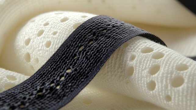 White perforated fabric with black elastic trim, close-up studio shot, textile industry sample