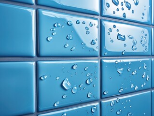 Close-up view of glossy blue tiles with water droplets showcasing texture and sheen in a modern bathroom setting