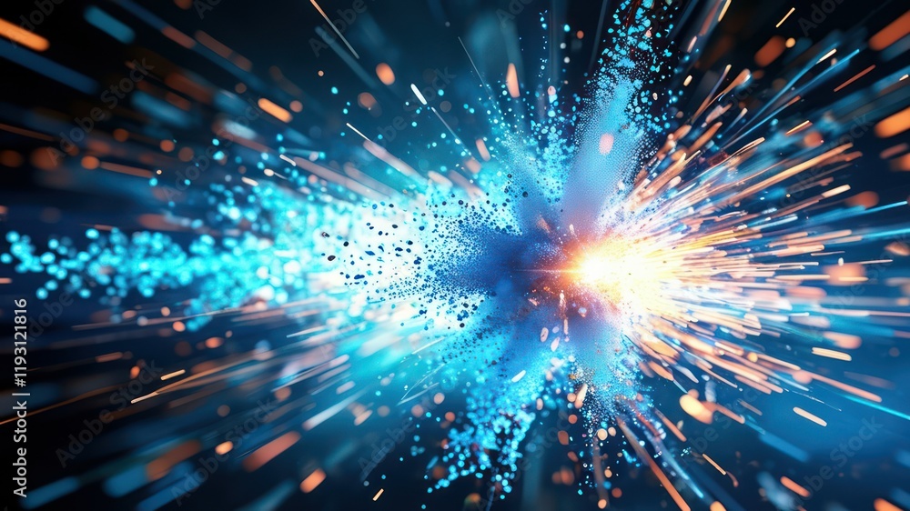 Poster dynamic explosion of colored particles and light, representing energy and creativity in technologica