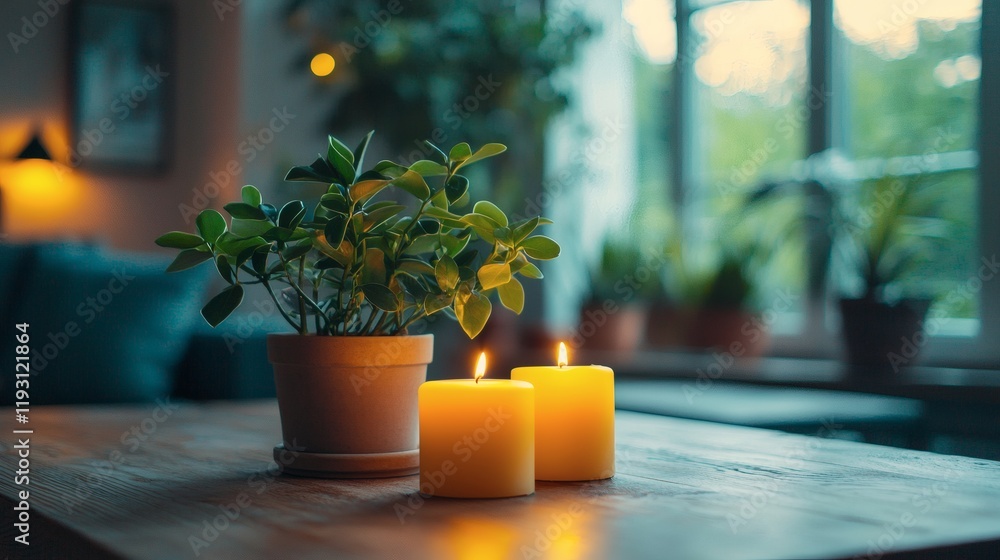 Poster mindfulness and stress management visualized with a cozy evening by candlelight stock photo with sid