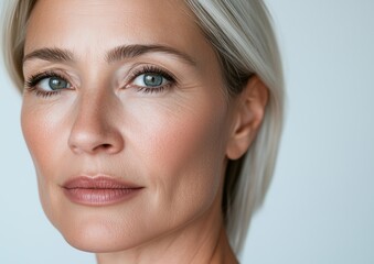 Fototapeta premium Close-up of a middle-aged woman with clear eyes and natural beauty, looking directly at the camera. Emphasizes skin health, eye care, and anti-aging. Ideal for advertising cosmetics, clinics, and