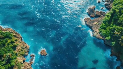 Obraz premium Aerial view of lush coastline meeting vibrant blue ocean water, evoking feelings of tranquility and adventure