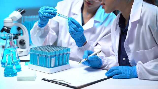Two scientists in lab coats and blue gloves are analyzing a set of test tubes containing blue liquid, meticulously examining and recording their observations