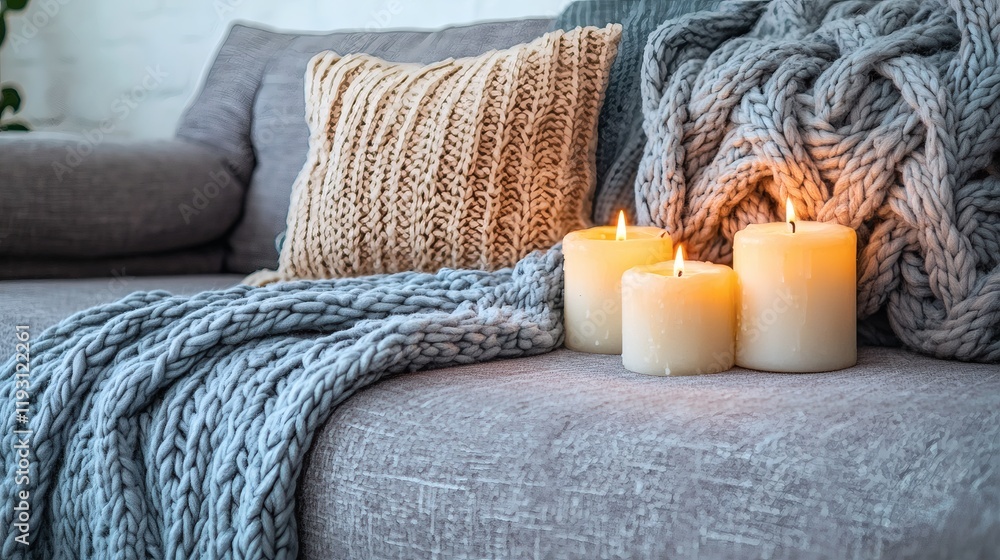 Poster mindfulness and stress management visualized with a cozy evening by candlelight stock photo with sid