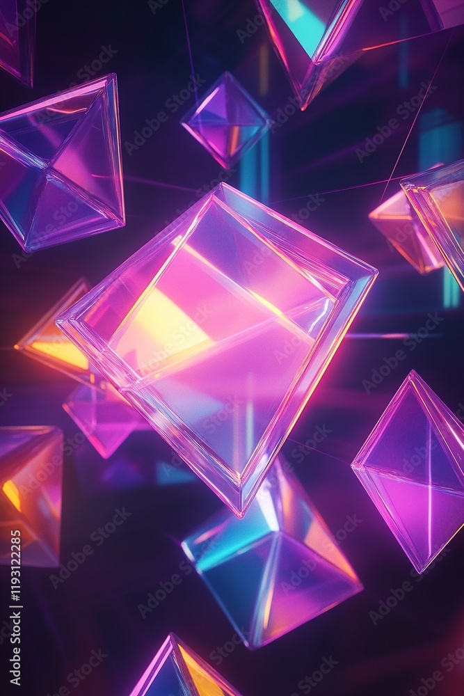 Poster floating geometric shapes in vibrant neon colors create a futuristic visual experience in ultra-hd r