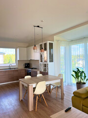 Modern luxury kitchen interior in minimal scandinavian style, 3d render