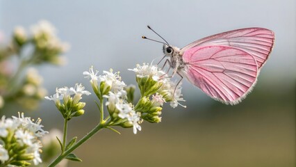 Fototapeta premium A lovely pink butterfly with a slender body and transparent wings sipping nectar from a white flower, naturephotography, nectar, transparentwings, pinkbutterfly, macrophotography