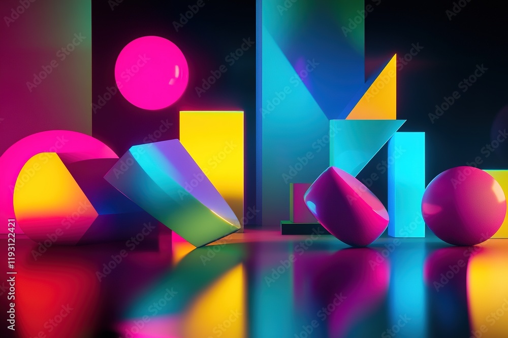 Poster floating geometric shapes in vibrant neon colors create a modern abstract composition against a dark