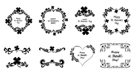 Set of Vintage St. Patrick`s day frames. Celebration background with clover and place for your text. Decoration set - lots of calligraphic elements. Beer festival lettering typography icon.  