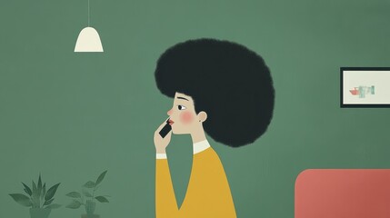 Woman Making a Phone Call from Her Home with a Minimalist Green Background and Cozy Interior Elements