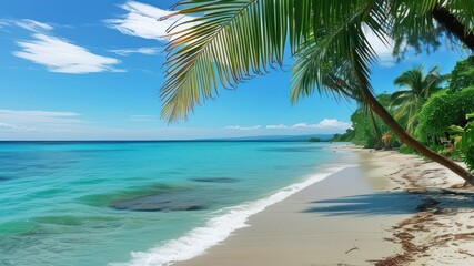 Tropical beach scene featuring palm trees, turquoise waters, soft sand, and a clear blue sky, perfect for vacations and relaxation