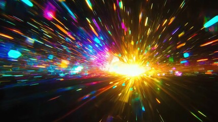 A vibrant burst of colors radiating from a central point, creating a dazzling effect reminiscent of celebration and joy. Abstract sparkles and hues fill the space.