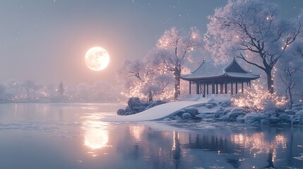 Fototapeta premium Serene winter moonlit landscape with snow-covered pavilion and lake.