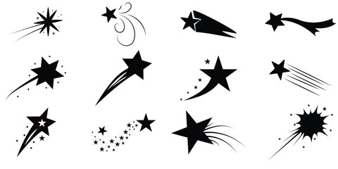 Shooting stars icons, flying star with comet tail, set of falling star with trails, Abstract silhouette of shooting star. Meteorite and comet symbols.  vector illustration.