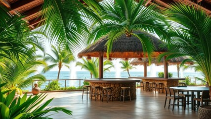 A lush tropical patio oasis featuring a thatched roof tiki bar with swaying palm trees and a sparkling water feature in the background, water feature, thatched roof