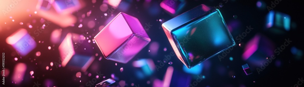 Aufkleber vibrant abstract composition of floating geometric shapes in neon colors with soft glowing reflectio