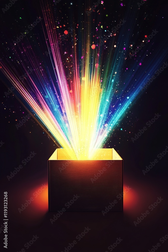 Poster creative ideas emerge from a minimalist box, unleashing vibrant light beams and abstract forms in a 