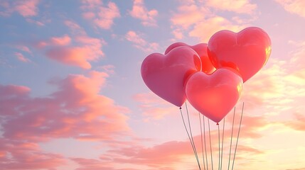 3D-rendered heart balloons in shades of red and pink floating against a soft sky. banner with copy space