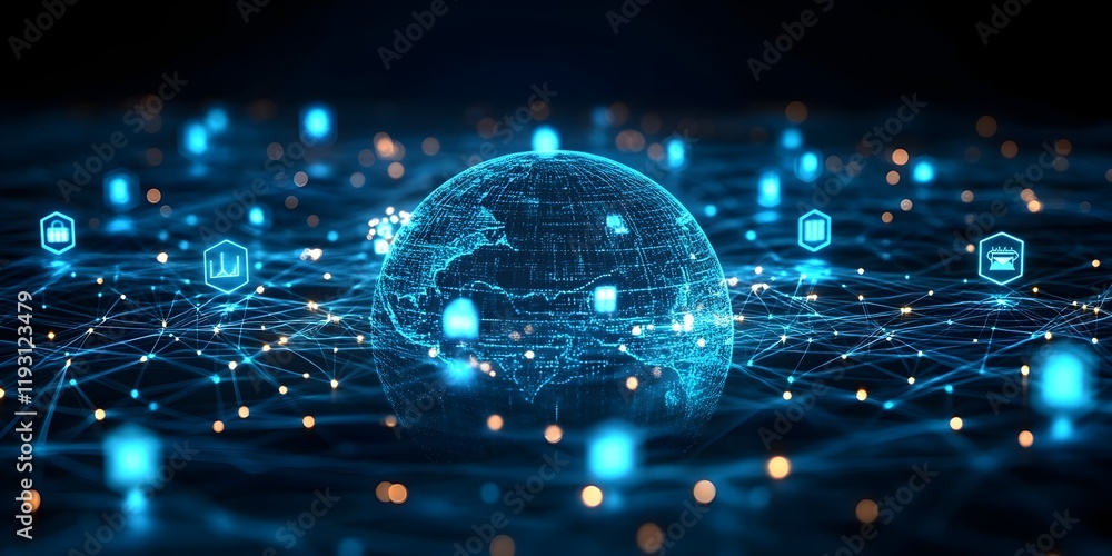 Poster 3d holographic globe with network connections and floating icons on a techy background.